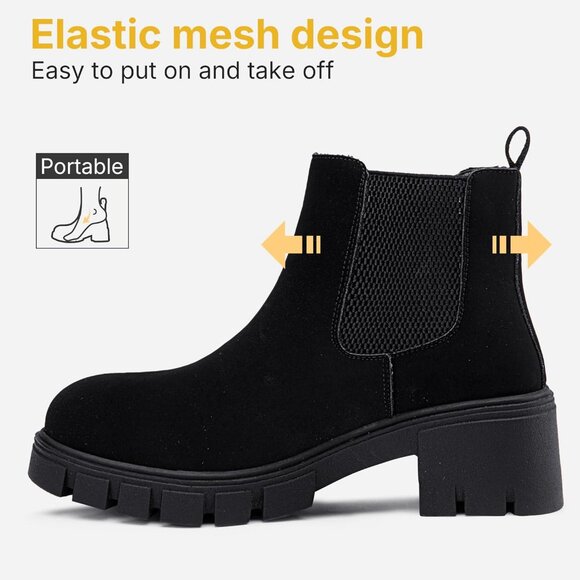 Vepose Women's Blacknubuck Faux Leather Lug Sole Elastic Slip on Ankle Booties - Picture 8 of 9